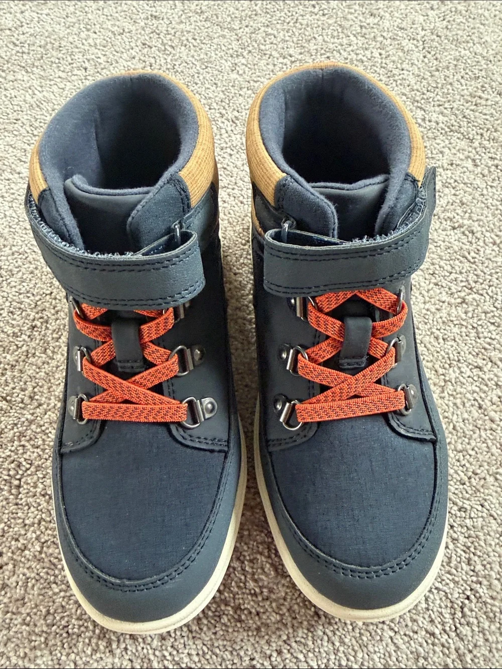 Brand new! Kids High-Top Casual Sneakers - Navy and Tan with Orange Laces